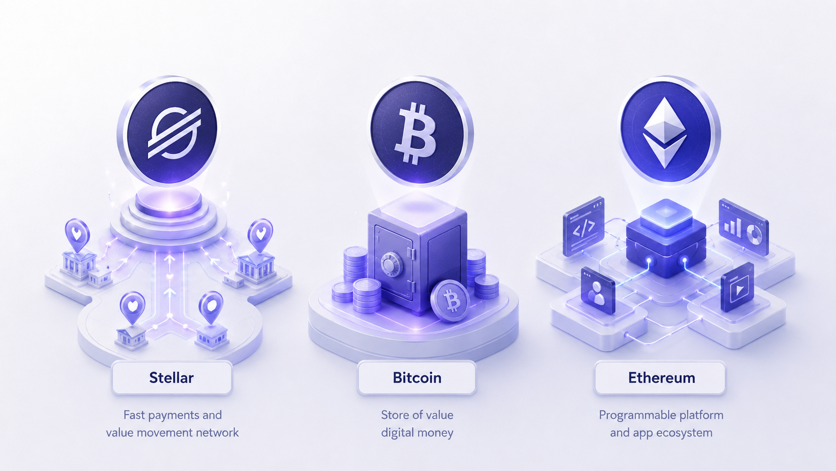 Illustration comparing Stellar, Bitcoin, and Ethereum by use case